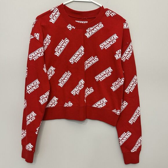 Stranger Things Cropped Sweatshirt Womens Small Red All over graphic Netflix NEW - Picture 1 of 9